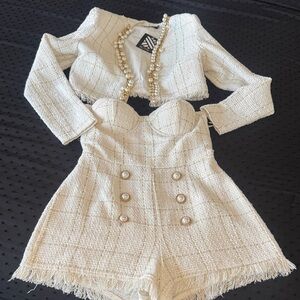 Elegant Cream Tweed Set with Pearl Details